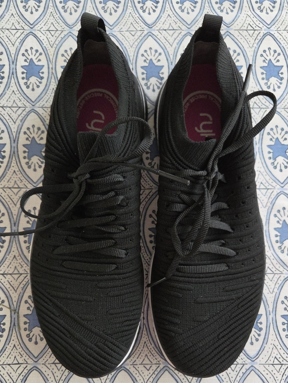 Ryka Black Knit Lace-Up Sneakers with Purple Insoles